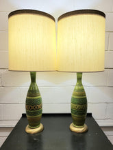 Load image into Gallery viewer, Pair of Mid Century 3 Way Green Ceramic Lamps
