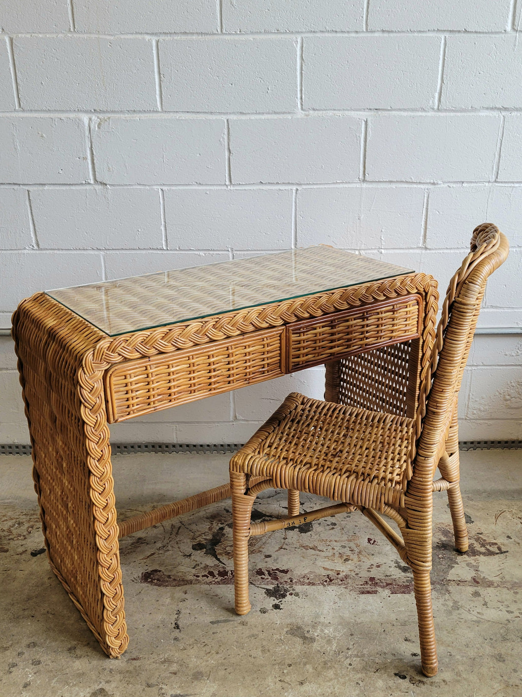 Vintage Rattan Waterfall Desk with Matching Chair