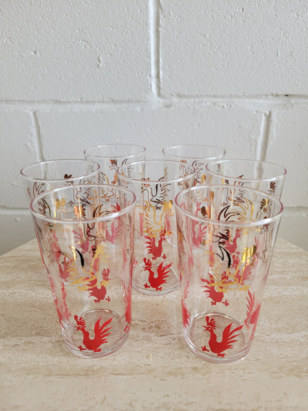 Mid Century Rooster Highball Glasses - Set of 7