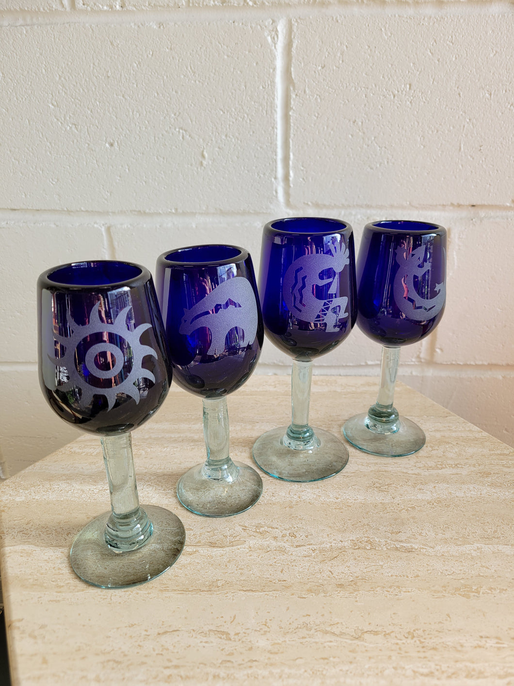 Four Etched Cobalt Goblets