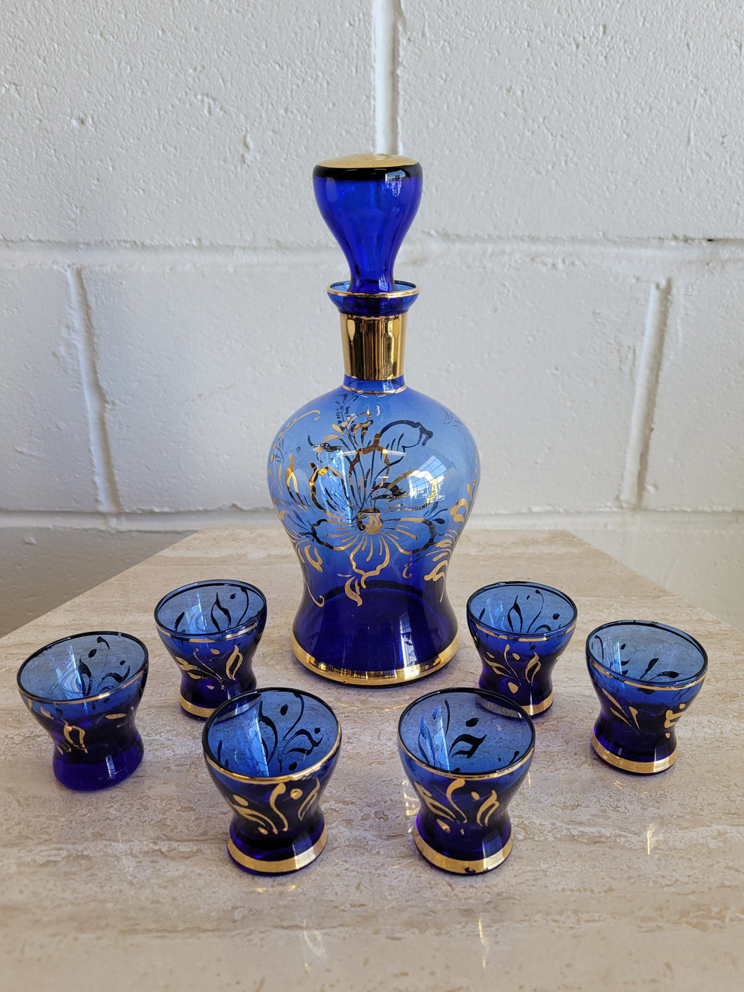 Vintage Czech Glass Decanter With 6 Shot Glasses