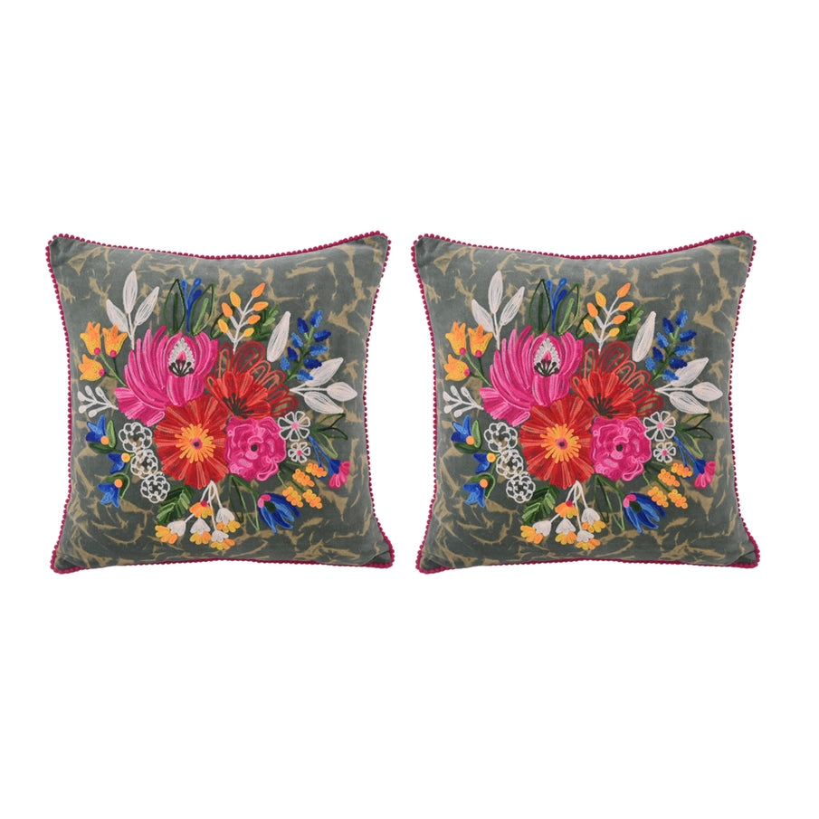 Green Velvet Flower Embroidery Pillow