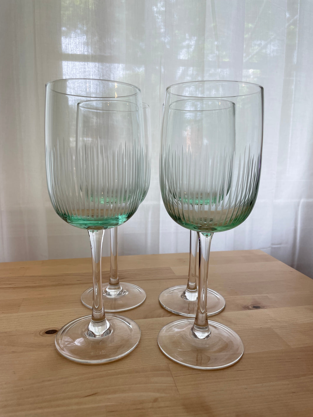 Set of Four Large Mint Green Etched Wine Glasses with a Clear Stem