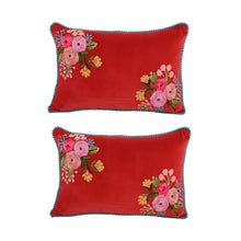 Load image into Gallery viewer, Red Velvet Floral Embroidery Pillow

